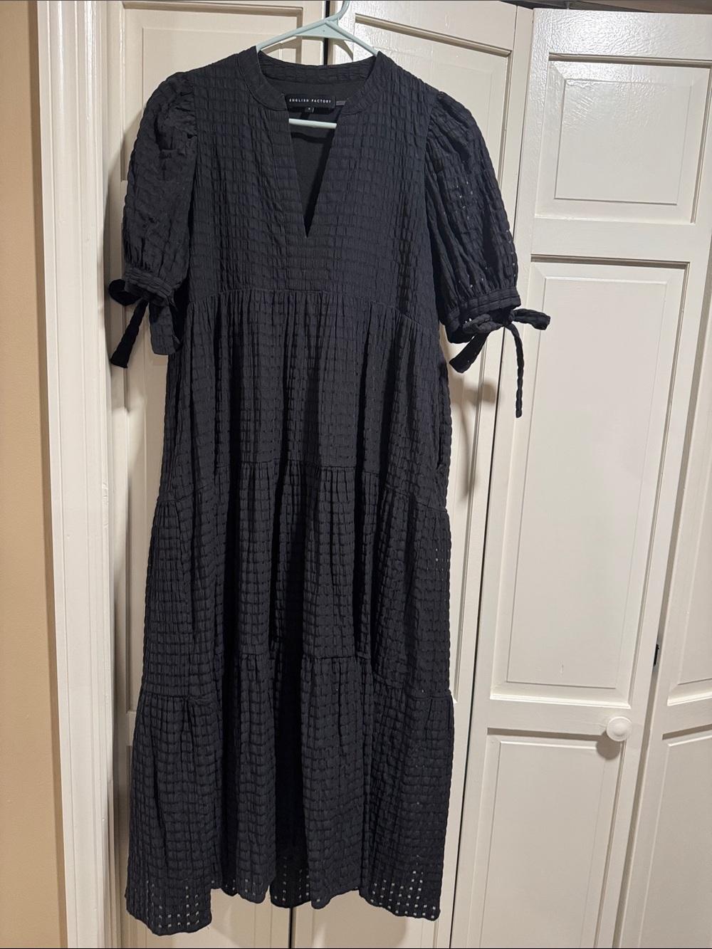 English Factory Black Textured Tiered Midi Dress with Tie Sleeves